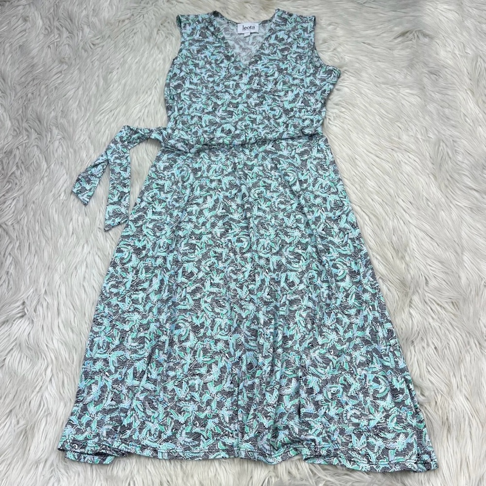 Leota Aqua and White Bird Print Midi Dress